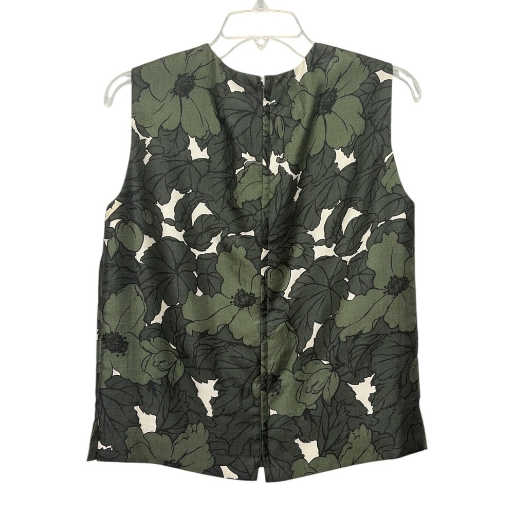 Vintage Silk Floral Sleeveless Shell Top Green Black Botanical Print Metal Zip
